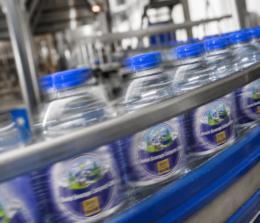 Bowler Beverage recyclable water bottles on the production line.